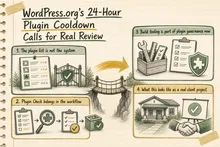 Illustrated infographic summarizing: WordPress.org's 24-Hour Plugin Cooldown Calls for Real Review