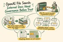Illustrated infographic summarizing: OpenAI File Search: Internal Docs Need Governance Before Trust