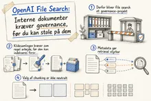 Illustrated infographic summarizing: OpenAI File Search: Interne dokumenter kræver governance, før du kan stole på dem