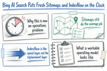 Illustrated infographic summarizing: Bing AI Search Puts Fresh Sitemaps and IndexNow on the Clock