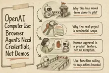 Illustrated infographic summarizing: OpenAI Computer Use: Browser Agents Need Credentials, Not Demos