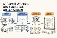 Illustrated infographic summarizing: AI Research Assistants Need a Source Trail, Not Just Citations