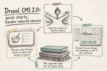 Illustrated infographic summarizing: Drupal CMS 2.0: quick starts, harder rebuild choices