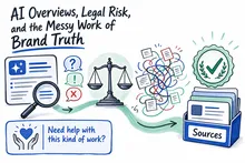 Illustrated infographic summarizing: AI Overviews, Legal Risk, and the Messy Work of Brand Truth