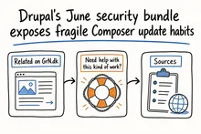 Hand-drawn sketch infographic summarizing: Drupal's June security bundle exposes fragile Composer update habits