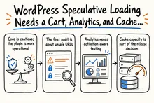 Hand-drawn sketch infographic summarizing: WordPress Speculative Loading Needs a Cart, Analytics, and Cache Test