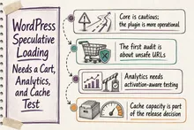 Illustrated infographic summarizing: WordPress Speculative Loading Needs a Cart, Analytics, and Cache Test