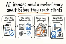 Hand-drawn sketch infographic summarizing: AI images need a media-library audit before they reach clients