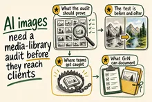 Illustrated infographic summarizing: AI images need a media-library audit before they reach clients