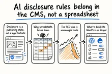 Hand-drawn sketch infographic summarizing: AI disclosure rules belong in the CMS, not a spreadsheet