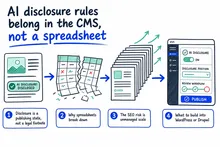 Illustrated infographic summarizing: AI disclosure rules belong in the CMS, not a spreadsheet