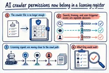 Illustrated infographic summarizing: AI crawler permissions now belong in a licensing register