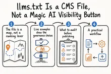 Hand-drawn sketch infographic summarizing: llms.txt Is a CMS File, Not a Magic AI Visibility Button