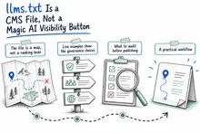 Illustrated infographic summarizing: llms.txt Is a CMS File, Not a Magic AI Visibility Button
