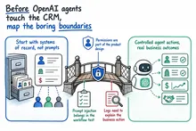 Illustrated infographic summarizing: Before OpenAI agents touch the CRM, map the boring boundaries