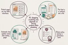 Illustrated infographic summarizing: AI shopping visibility now depends on boring product-data plumbing