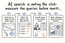 Hand-drawn sketch infographic summarizing: AI search is eating the click: measure the queries before rewriting pages