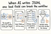 Hand-drawn sketch infographic summarizing: When AI writes JSON, one bad field can break the workflow