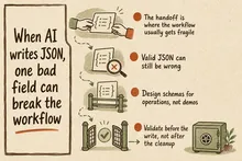 Illustrated infographic summarizing: When AI writes JSON, one bad field can break the workflow