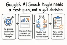 Hand-drawn sketch infographic summarizing: Google’s AI Search toggle needs a test plan, not a gut decision