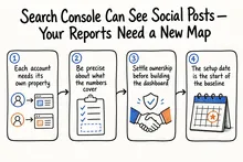Hand-drawn sketch infographic summarizing: Search Console Can See Social Posts—Your Reports Need a New Map