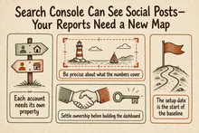 Illustrated infographic summarizing: Search Console Can See Social Posts—Your Reports Need a New Map