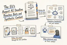 Illustrated infographic summarizing: The EU’s August AI Deadline Reaches Bots and Synthetic Content