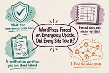 Illustrated infographic summarizing: WordPress Forced an Emergency Update. Did Every Site Take It?