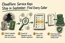 Illustrated infographic summarizing: Cloudflare Service Keys Stop in September: Find Every Caller