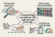 Illustrated infographic summarizing: A stray Set-Cookie can waste your CDN: audit the cache at the edge