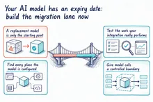 Illustrated infographic summarizing: Your AI model has an expiry date: build the migration lane now