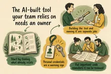 Illustrated infographic summarizing: The AI-built tool your team relies on needs an owner