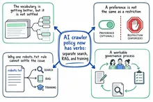 Illustrated infographic summarizing: AI crawler policy now has verbs: separate search, RAG, and training