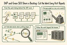 Illustrated infographic summarizing: INP and Green SEO Share a Backlog: Cut the Work Every Visit Repeats