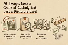 Illustrated infographic summarizing: AI Images Need a Chain of Custody, Not Just a Disclosure Label