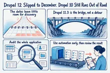 Illustrated infographic summarizing: Drupal 12 Slipped to December. Drupal 10 Still Runs Out of Road