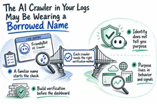 Illustrated infographic summarizing: The AI Crawler in Your Logs May Be Wearing a Borrowed Name