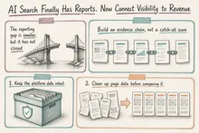 Illustrated infographic summarizing: AI Search Finally Has Reports. Now Connect Visibility to Revenue