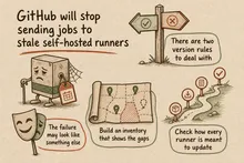Illustrated infographic summarizing: GitHub will stop sending jobs to stale self-hosted runners