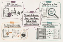 Illustreret infografik, der opsummerer: Sikkerhedsskemaer sluger salgstiden: lad AI finde dokumentationen