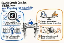 Illustrated infographic summarizing: Search Console Can See TikTok Now. Your Reporting Has to Catch Up