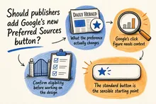 Illustrated infographic summarizing: Should publishers add Google’s new Preferred Sources button?