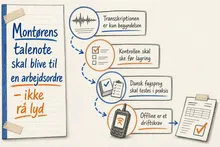 Illustreret infografik, der opsummerer: Montørens talenote skal blive til en arbejdsordre – ikke rå lyd