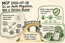 Illustrated infographic summarizing: MCP 2026-07-28 Is an Auth Migration, Not a Version Bump