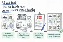 Illustrated infographic summarizing: AI alt text: How to tackle your online store’s image backlog