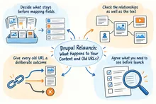 Illustrated infographic summarizing: Drupal Relaunch: What Happens to Your Content and Old URLs?