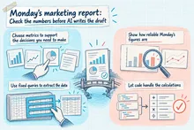 Illustrated infographic summarizing: Monday’s marketing report: Check the numbers before AI writes the draft