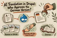 Illustrated infographic summarizing: AI Translation in Drupal: Who Approves the German Version?