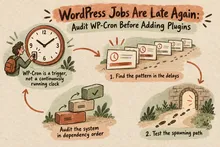 Illustrated infographic summarizing: WordPress Jobs Are Late Again: Audit WP-Cron Before Adding Plugins