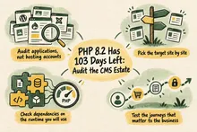 Illustrated infographic summarizing: PHP 8.2 Has 103 Days Left: Audit the CMS Estate